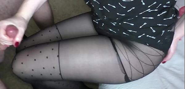 Teen Handjob - Cum on legs in sexy pantyhose